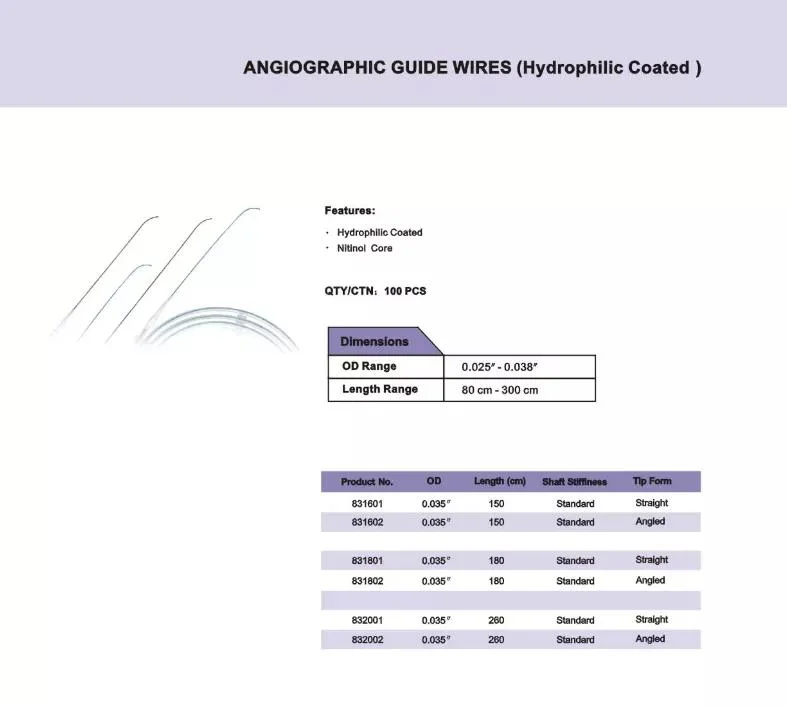 Medical Hydrophilic PTFE Coated Nitinol J Tip Catheter Guide Wire